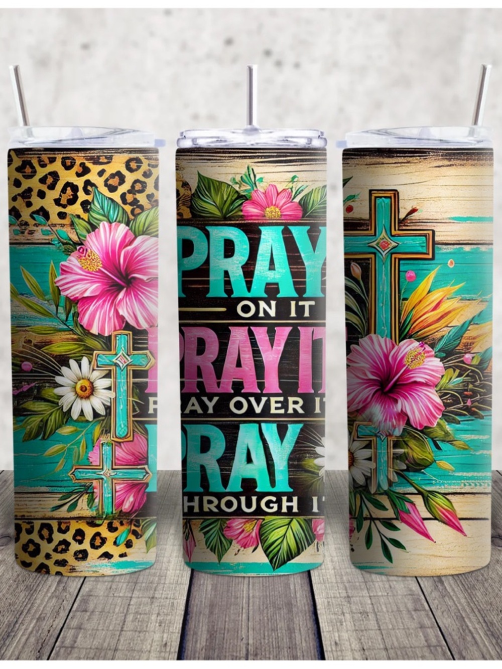 Hand Crafted Turquoise Pink Floral Cross Stainless Tumbler Set
